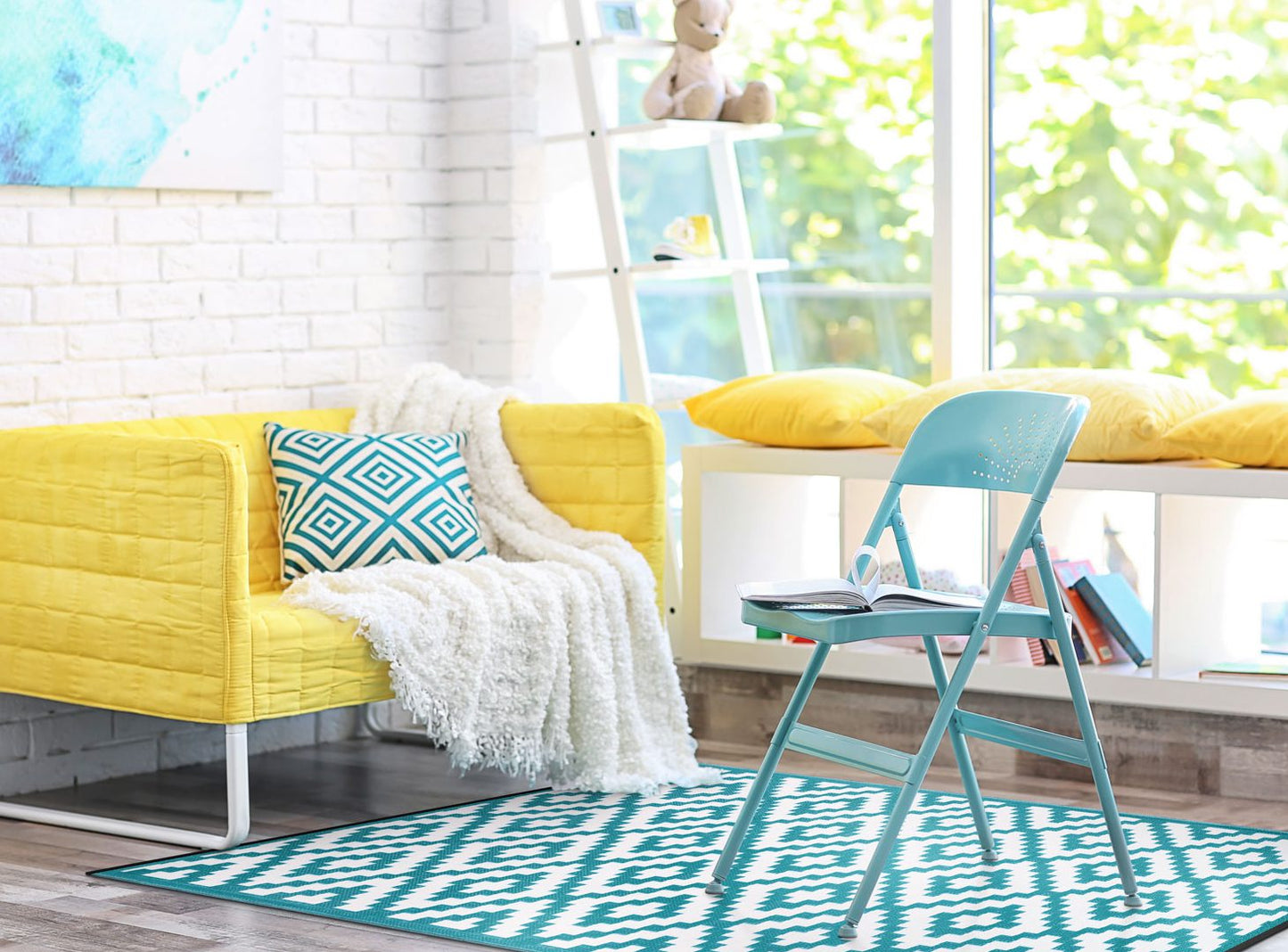 Nirvana Teal Blue  White Outdoor Rug